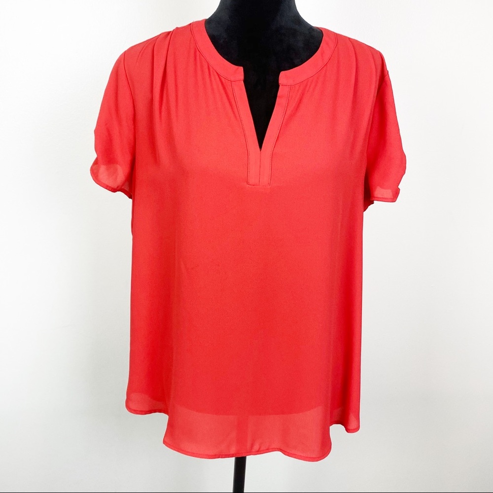 Pleione Top Red Short Sleeve Blouse V Neck